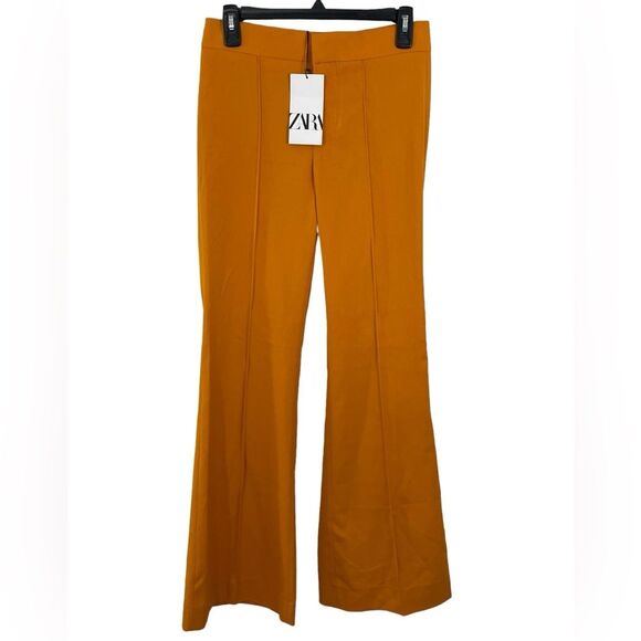 NWT Zara Pants Women's Size XS Mid Rise Flared Flat Front Orange Yellow Trousers - Picture 3 of 9